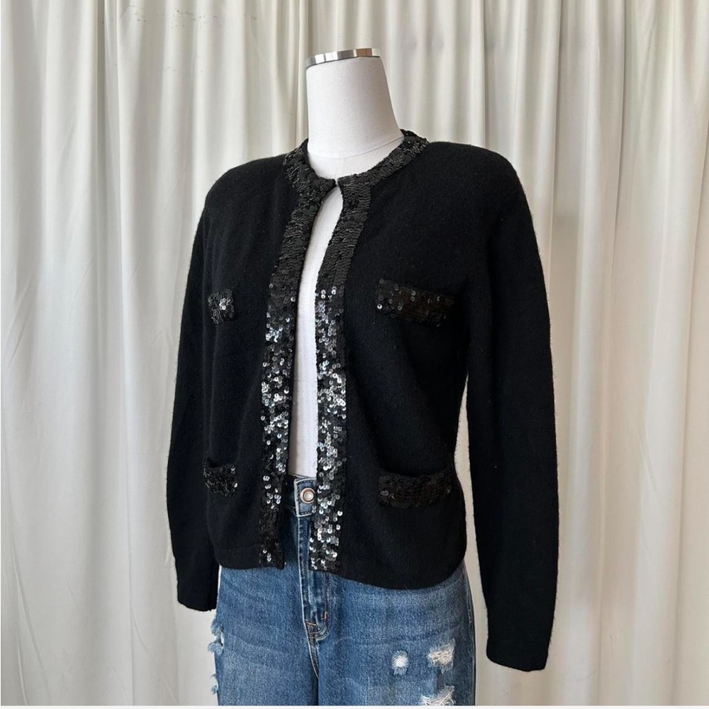 Vintage 1980s Evan-Picone Black Angora Wool Blend Sequin Cardigan Petite Small - Picture 8 of 8